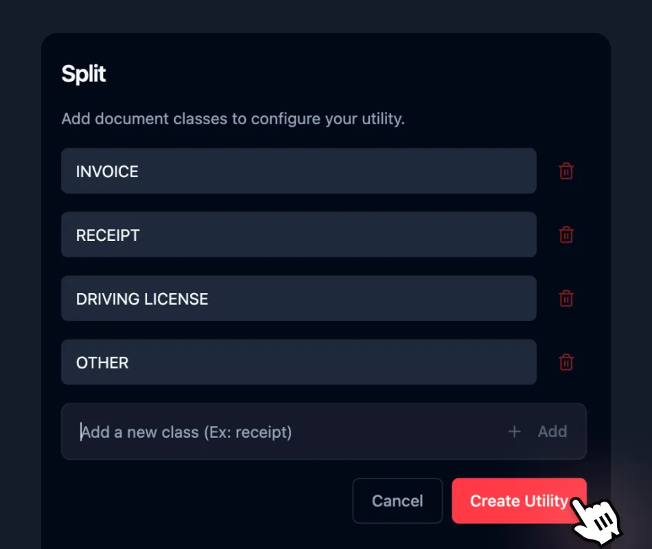 User interface for adding document classes with fields labeled Invoice, Receipt, Driving License, and Other, plus buttons to cancel or create utility.