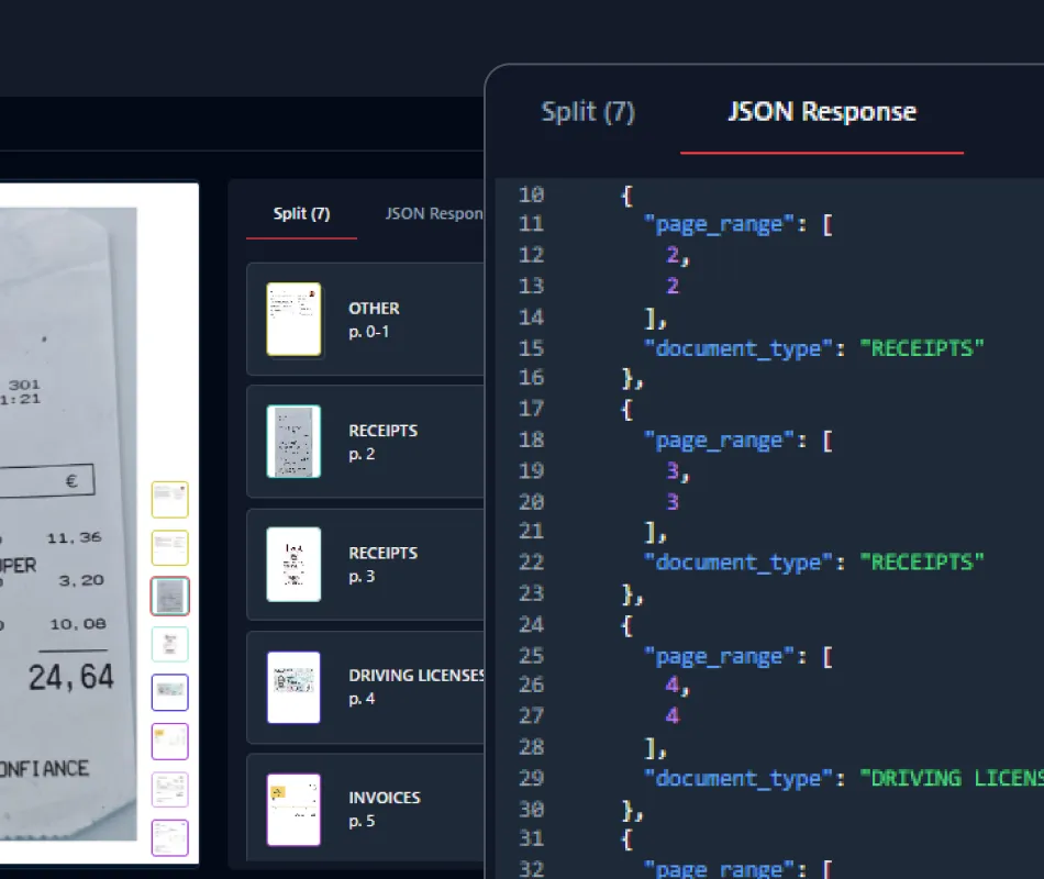 User interface displaying document classification results with thumbnails on the left and a JSON response on the right detailing page ranges and document types like receipts, driving licenses, and invoices.