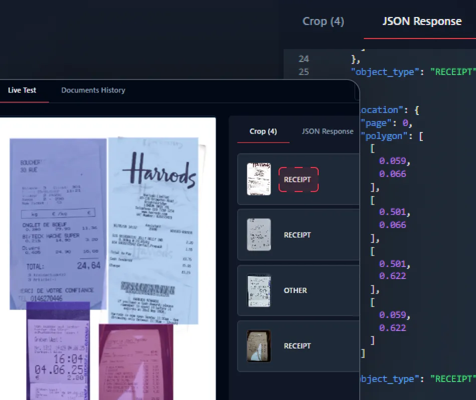 Screenshot of a software interface displaying multiple cropped images of receipts with labels such as RECEIPT and OTHER and a JSON response showing metadata about detected receipts.