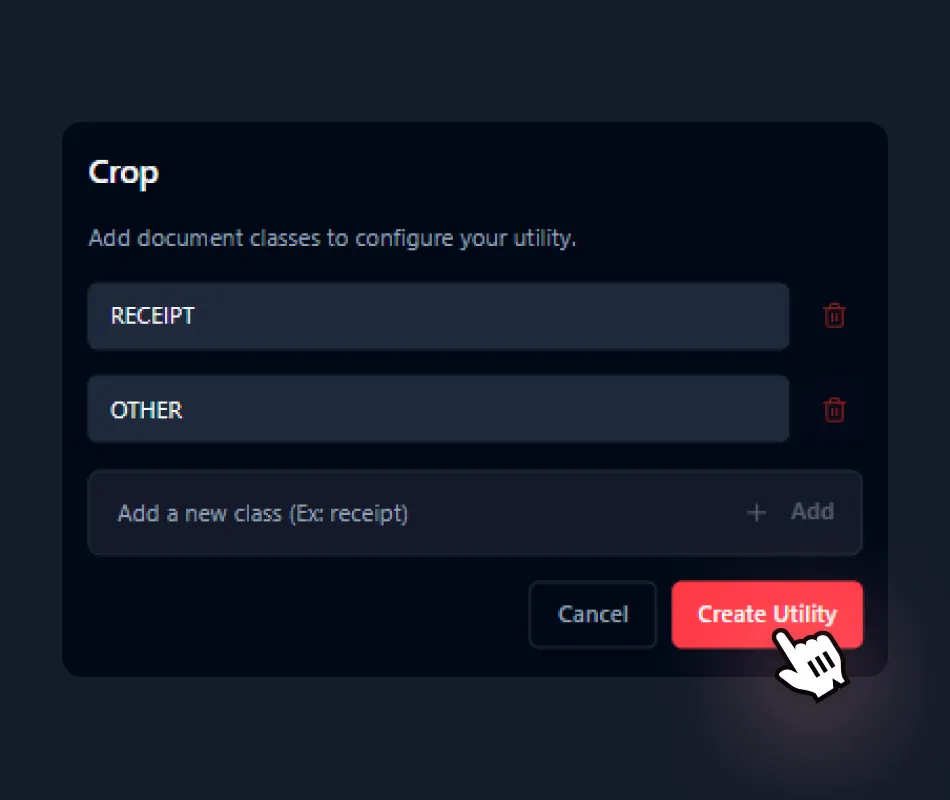 Interface for configuring document classes with options for RECIEPT and OTHER, and buttons to Cancel or Create Utility.