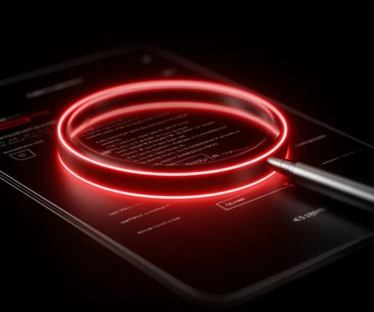 A magnifying glass with glowing red edges highlights text on a digital screen with a dark background.