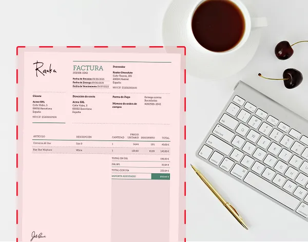 Invoice document from a company beside a white keyboard, gold pen, two cherries, and a cup of black coffee on a white surface.