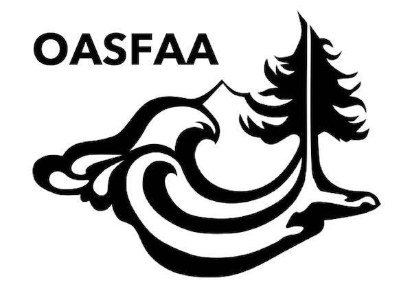Black and white OASFAA logo featuring a tree and abstract wave design.