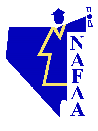 Blue graduation figure with cap holding diploma beside vertically stacked letters NAFAA.
