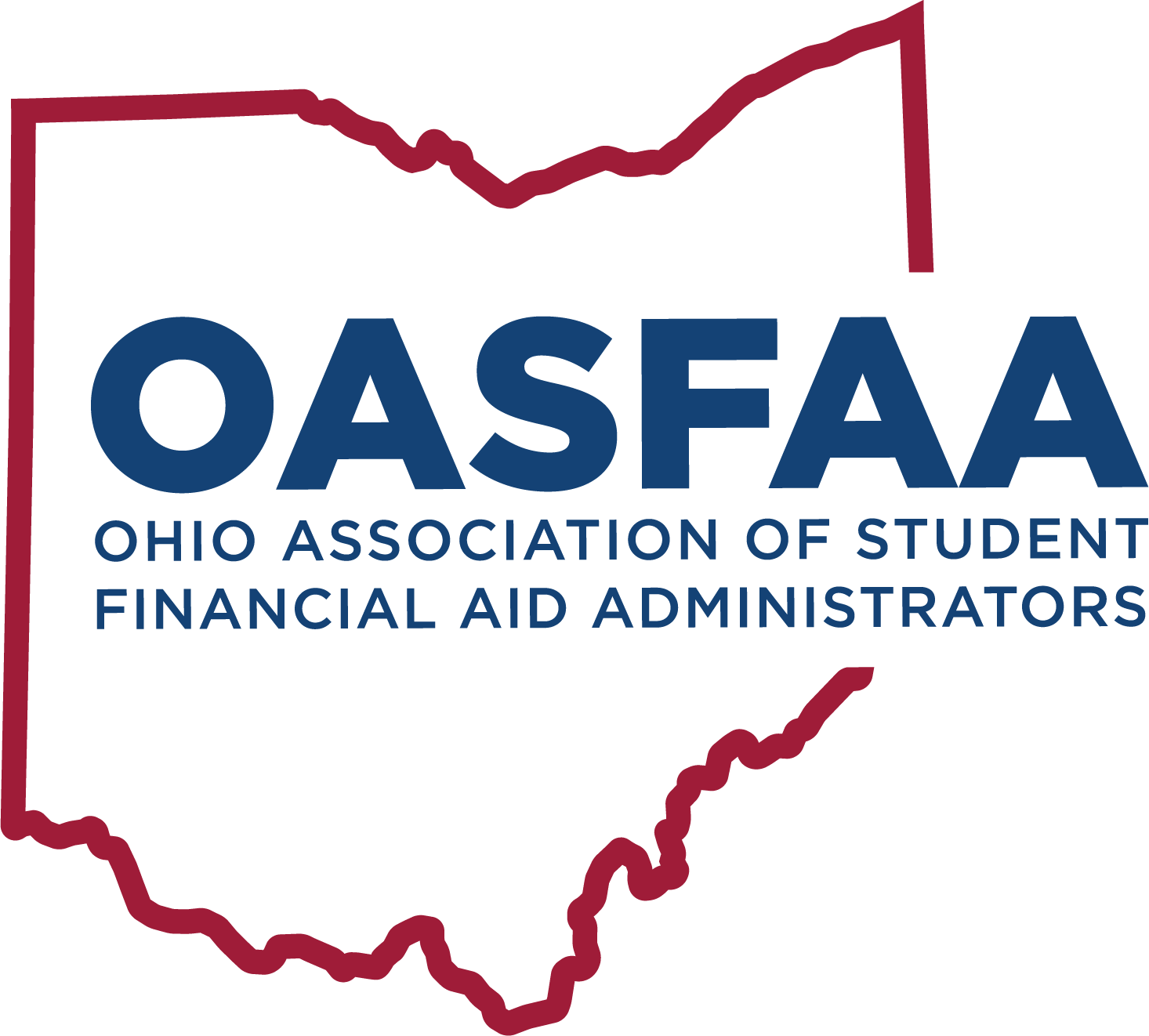 Outline of Ohio state with text OASFAA Ohio Association of Student Financial Aid Administrators inside.