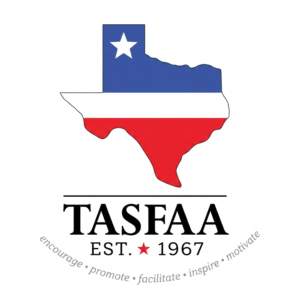 Texas state outline in flag colors with a star, TASFAA logo and text EST. 1967 below it.