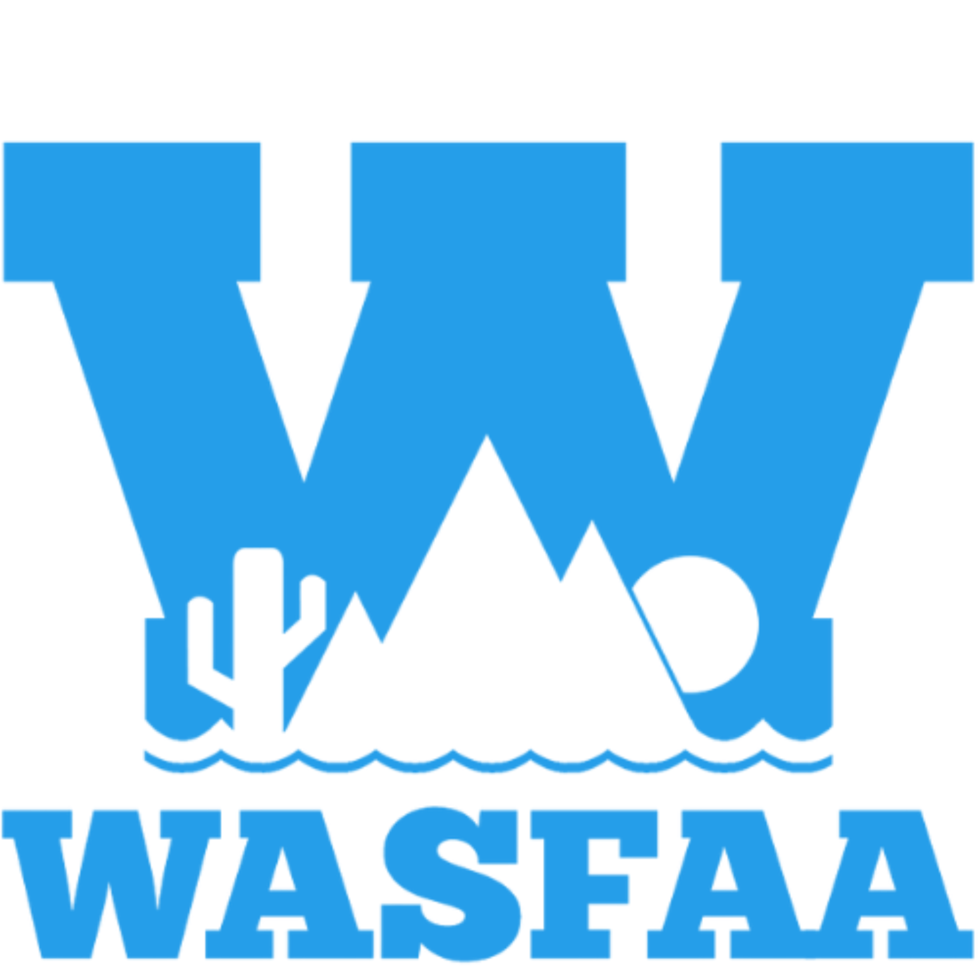 Blue WASFAA logo with a large W, mountain, cactus, sun, and waves design.