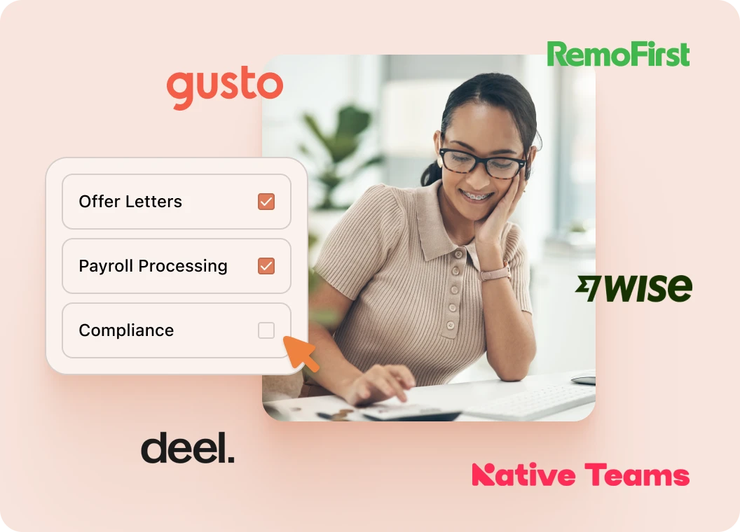 A woman wearing glasses and doing some calculations with third-party payroll platform logos around her