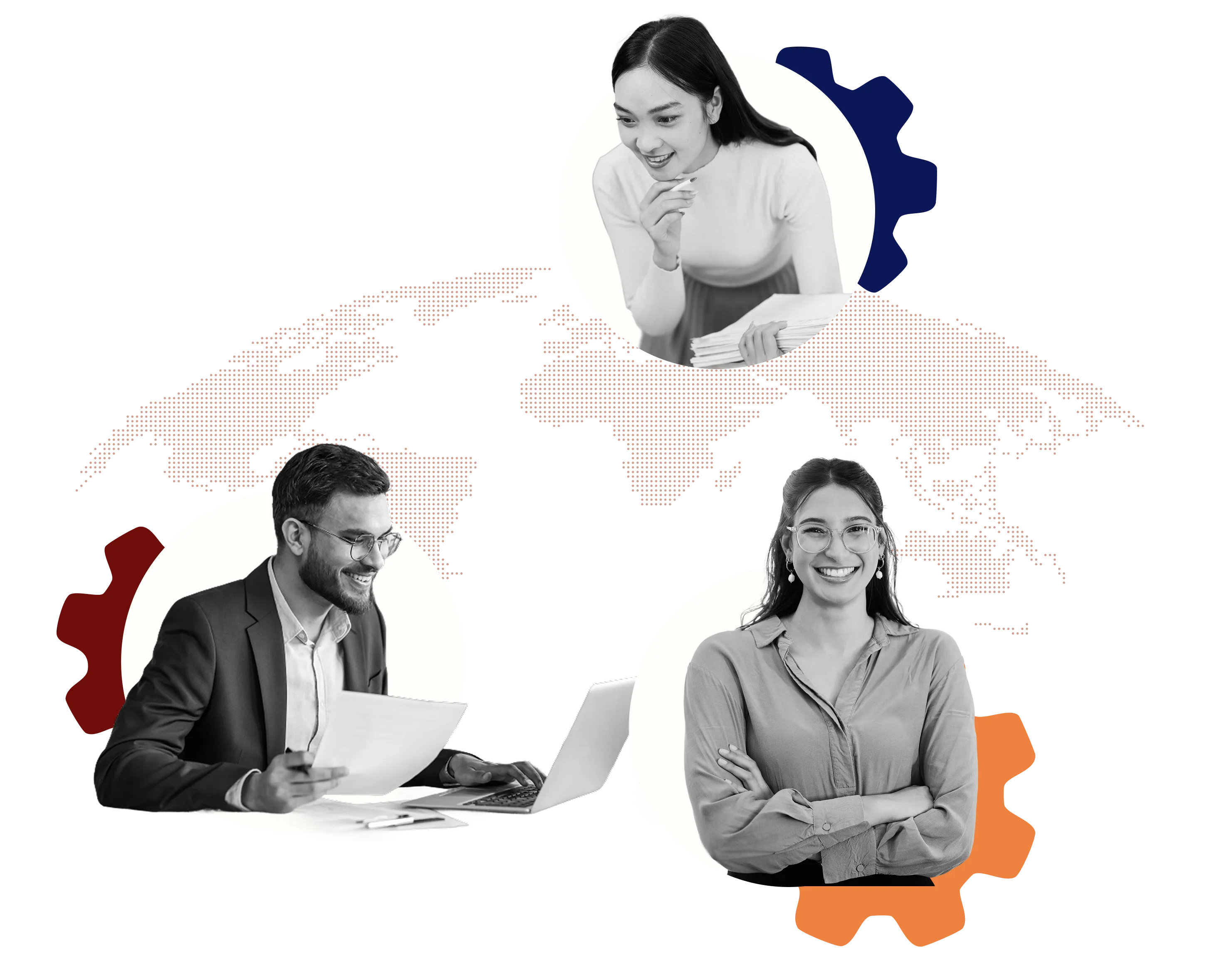 Collage of three smiling professionals: a man with papers at a laptop, a woman holding documents, and a woman with arms crossed, over a stylized world map with colorful gear icons.