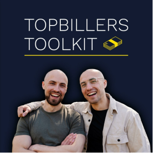 Two smiling men with arms around each other below text Topbillers Toolkit and a money icon.