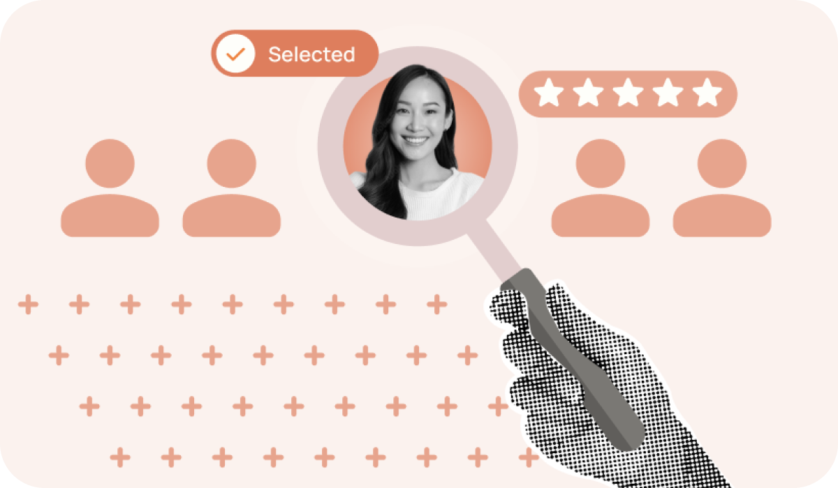 Hand holding magnifying glass highlighting a smiling woman with a selected checkmark and five-star rating.