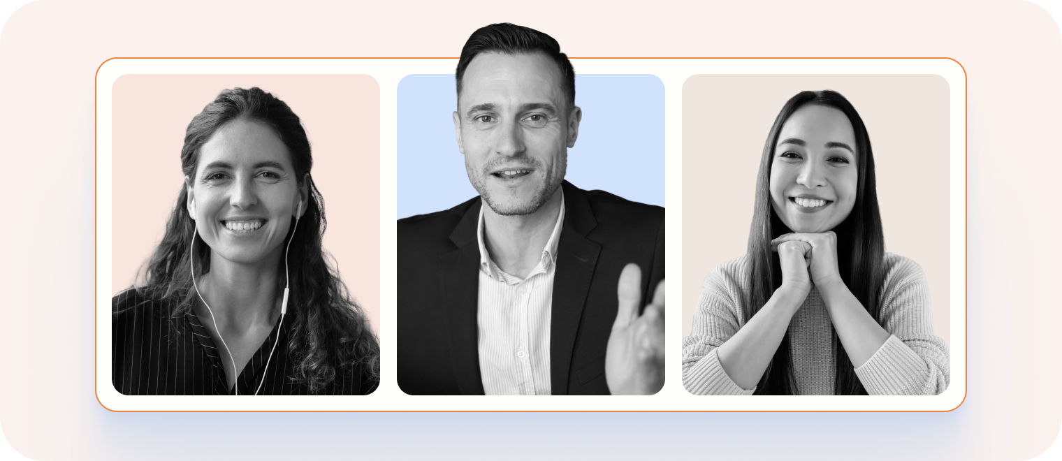 Three smiling people on video call: woman with earbuds, man in suit, and woman resting chin on hands.
