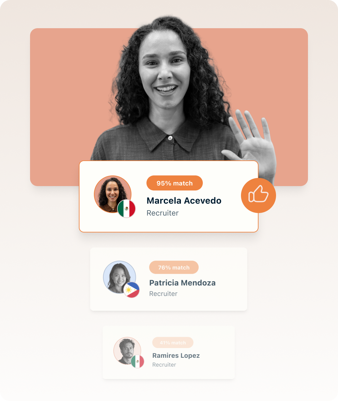 Profile cards of three recruiters with match percentages, highlighting smiling woman waving with 95% match.