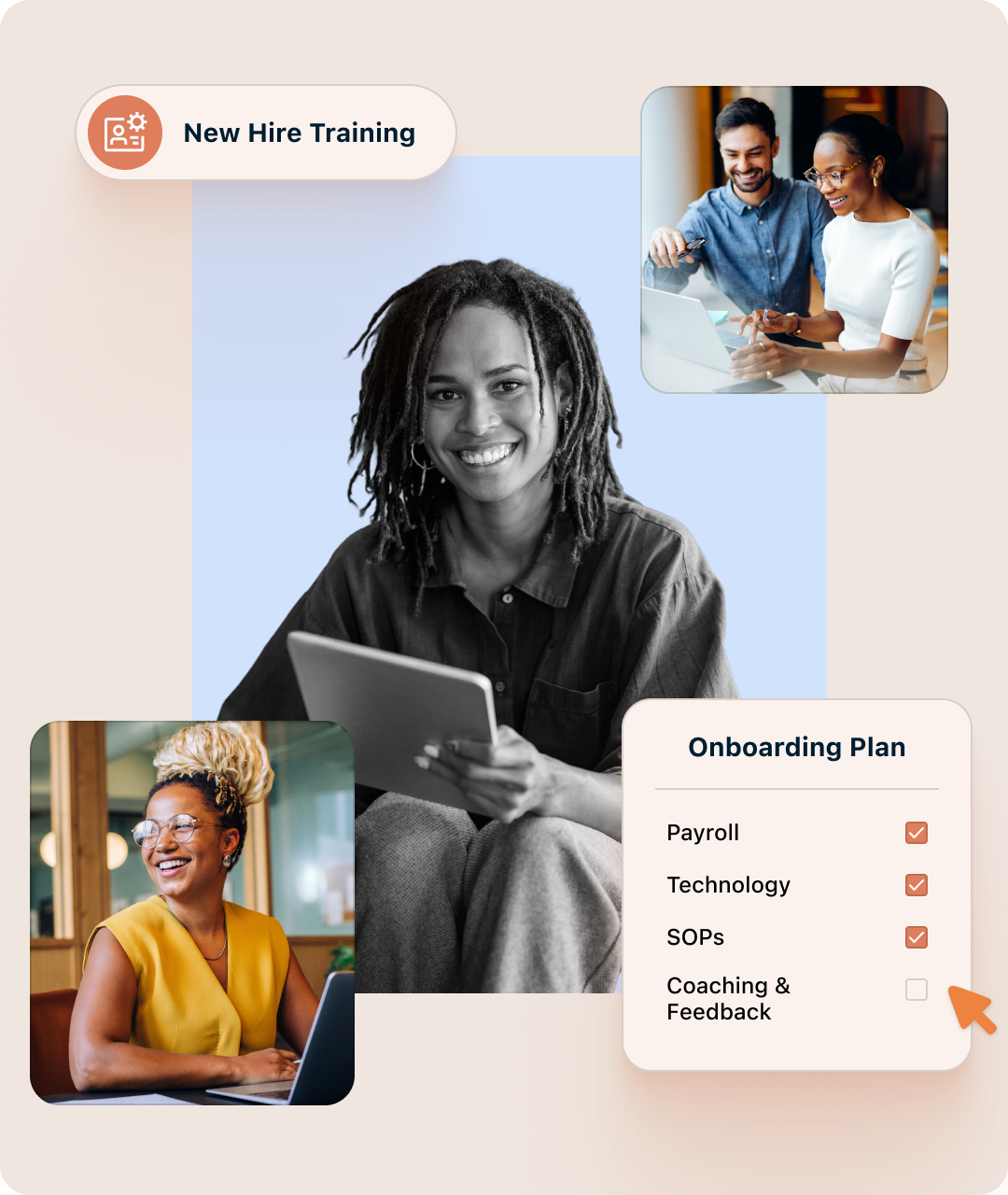 Collage showing diverse professionals during new hire training and an onboarding checklist with some items checked.