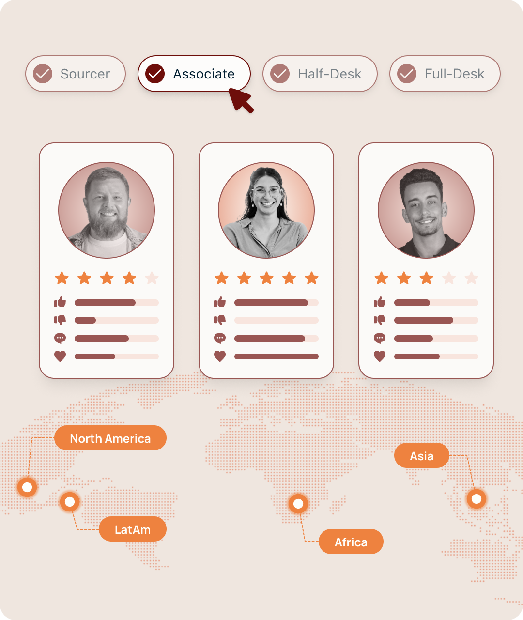 Profile cards show candidate ratings with a world map highlighting North America, LatAm, Africa, and Asia regions.