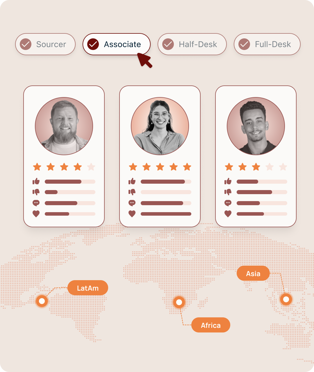 Profile cards show candidate ratings with a world map highlighting North America, LatAm, Africa, and Asia regions.