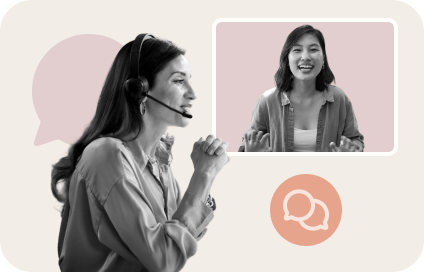 Woman wearing headset video chatting with another smiling woman on screen, with chat icons around.