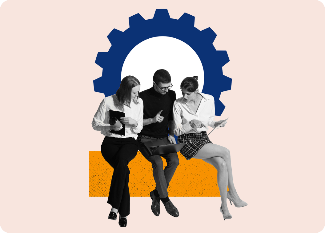 Three business people discussing work with laptop and documents, sitting in front of a gear icon.