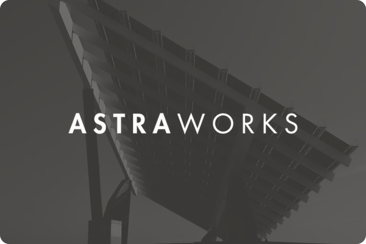 Large solar panel structure with the word ASTRAWORKS overlayed in white capital letters.