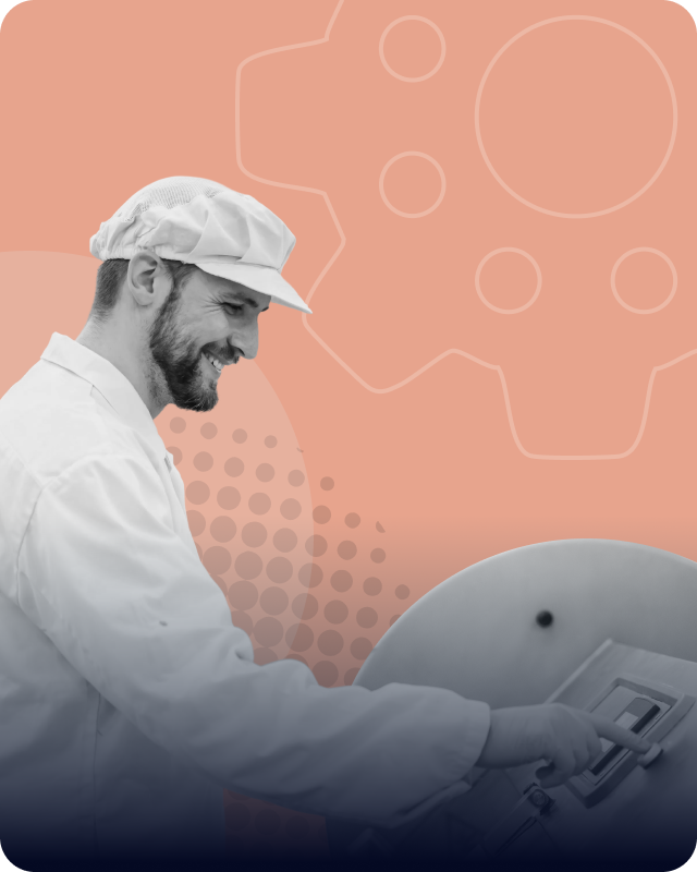 Smiling male factory worker in white uniform and cap operates a control panel on industrial equipment against an orange background with gear icon.