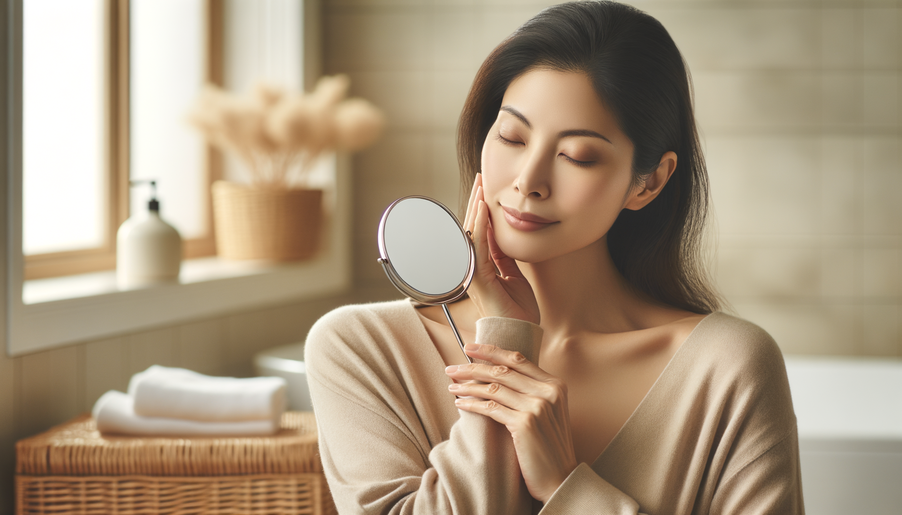 Thoughtful woman in soft natural light holding a small hand mirror in a bright modern bathroom