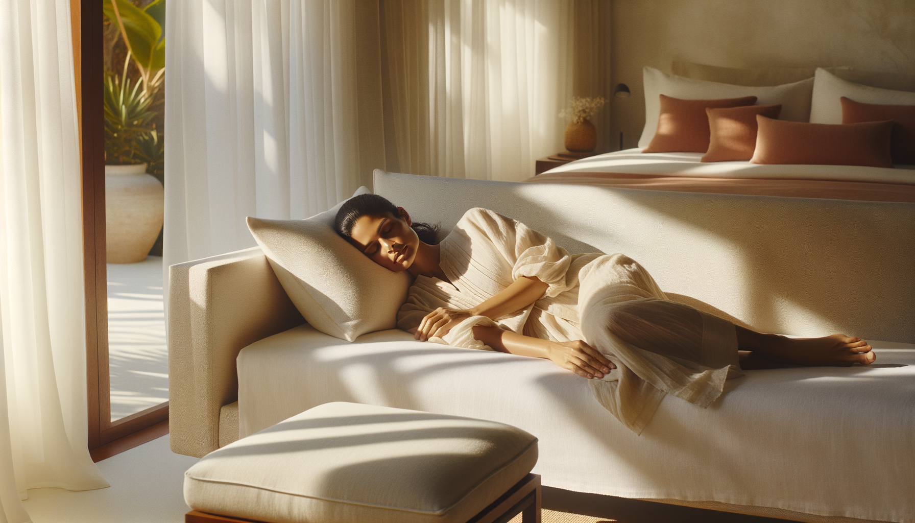 Woman resting peacefully in a sunlit minimalist bedroom with soft natural light