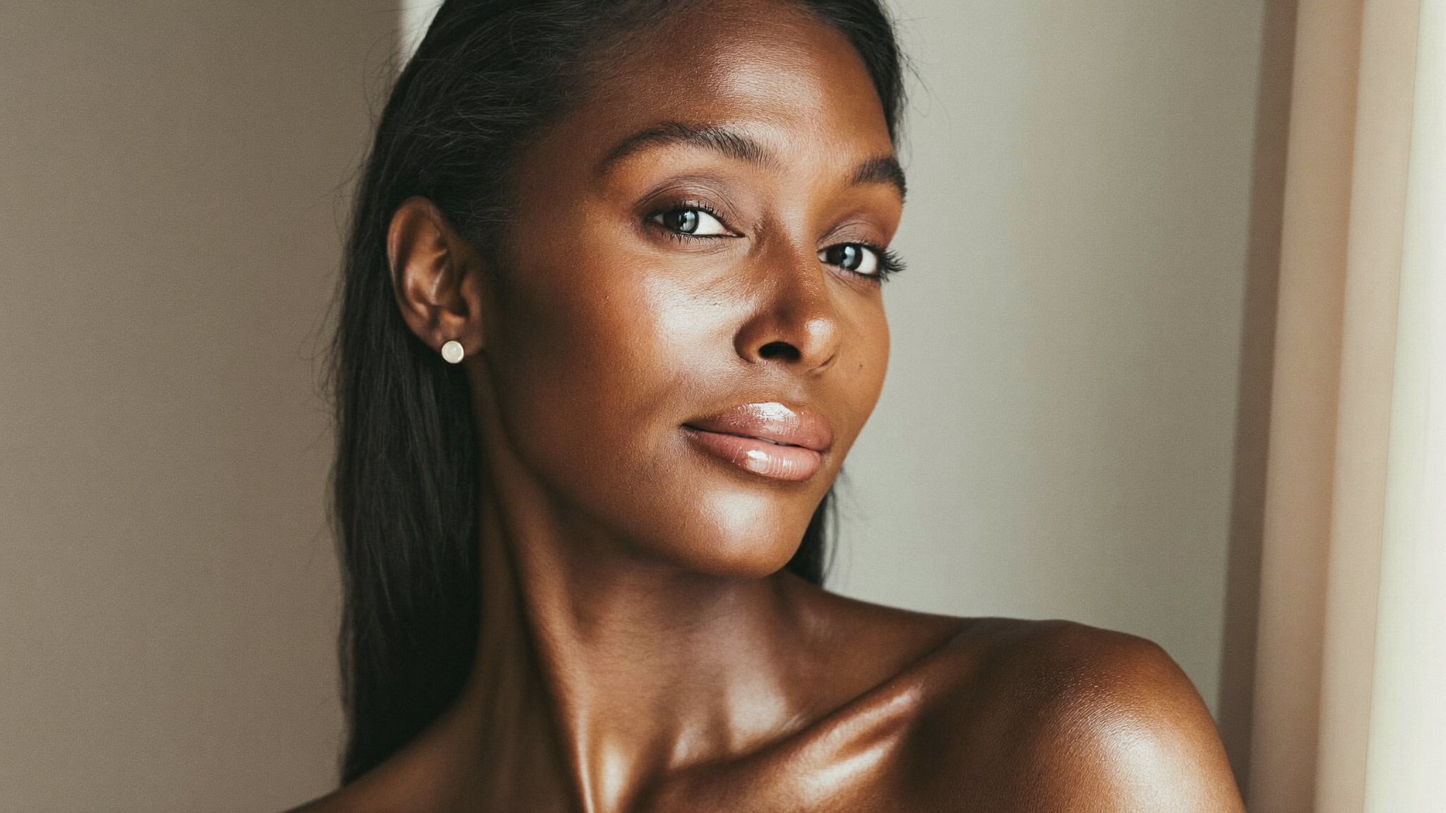 Elegant woman in her early fifties with naturally radiant, lifted skin in soft natural light