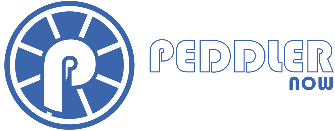 Peddler Now logo featuring a stylized white letter P inside a blue circular emblem with white spokes, next to the text 'PEDDLER now' in bold white and blue lettering.