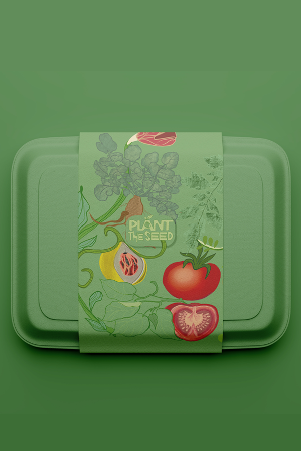 A green eco-friendly takeaway container with a vibrant illustrated sleeve featuring vegetables like tomatoes, papaya, and leafy greens. The design includes hand-drawn botanical elements and the words “Plant the Seed” in an organic, playful font, set against a harmonious green backdrop.