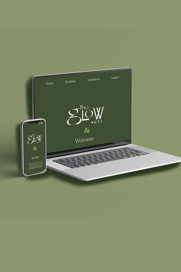 A digital mockup showing a laptop and smartphone displaying the homepage of “The Glow Co” website. The design features an elegant serif logo in white on a deep green background, with minimal navigation links—Home, Portfolio, Treatments, Contact—at the top. A soft sage green background surrounds the devices, giving a calm, natural feel aligned with wellness and beauty branding.