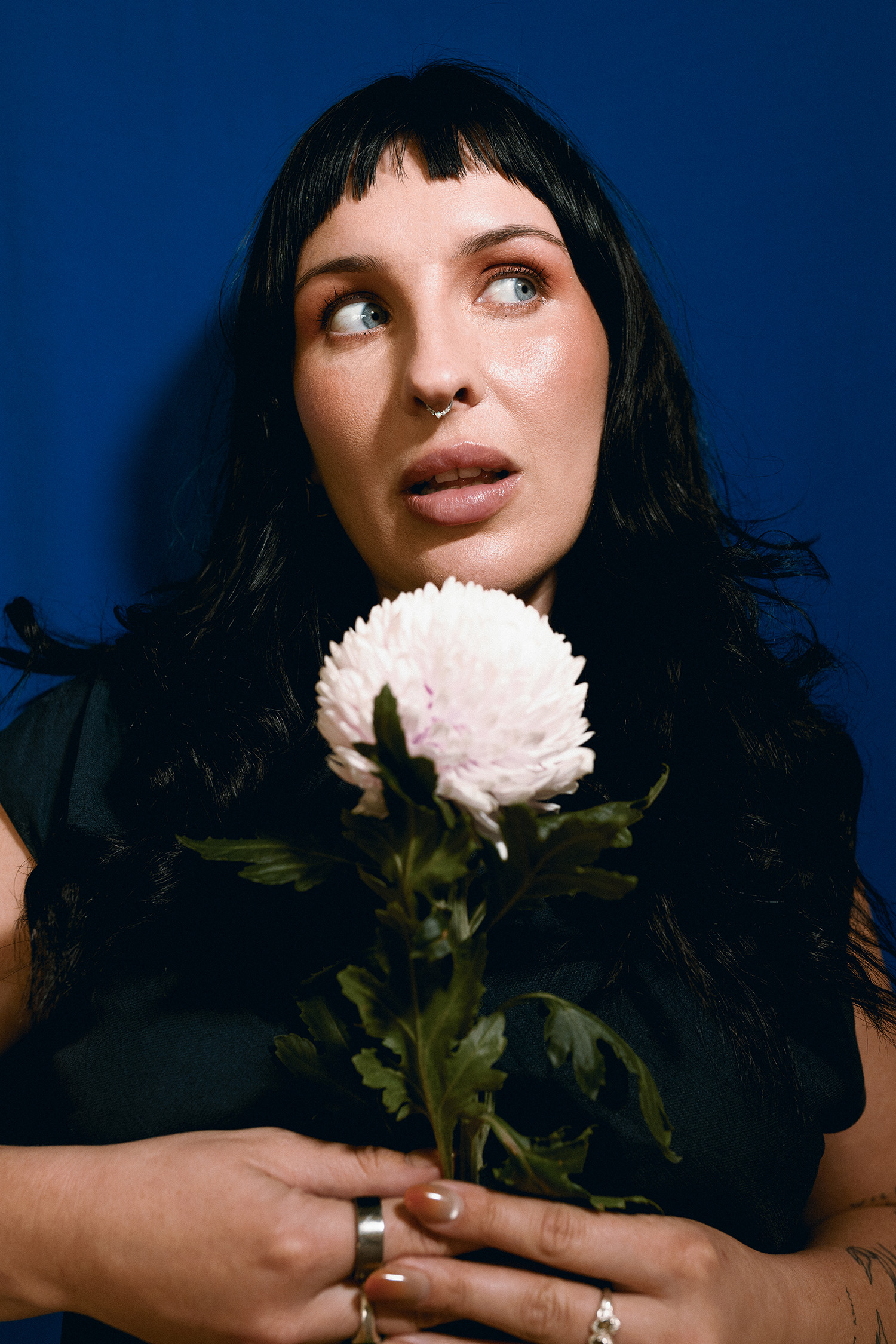 An image of Hayley, the founder of Novara with long dark hair and soft makeup holds a pale pink chrysanthemum against a deep blue backdrop. Her gaze is lifted thoughtfully to the side, with a subtle expression of curiosity and contemplation. She wears silver rings and a nose piercing, exuding quiet confidence and creative depth.