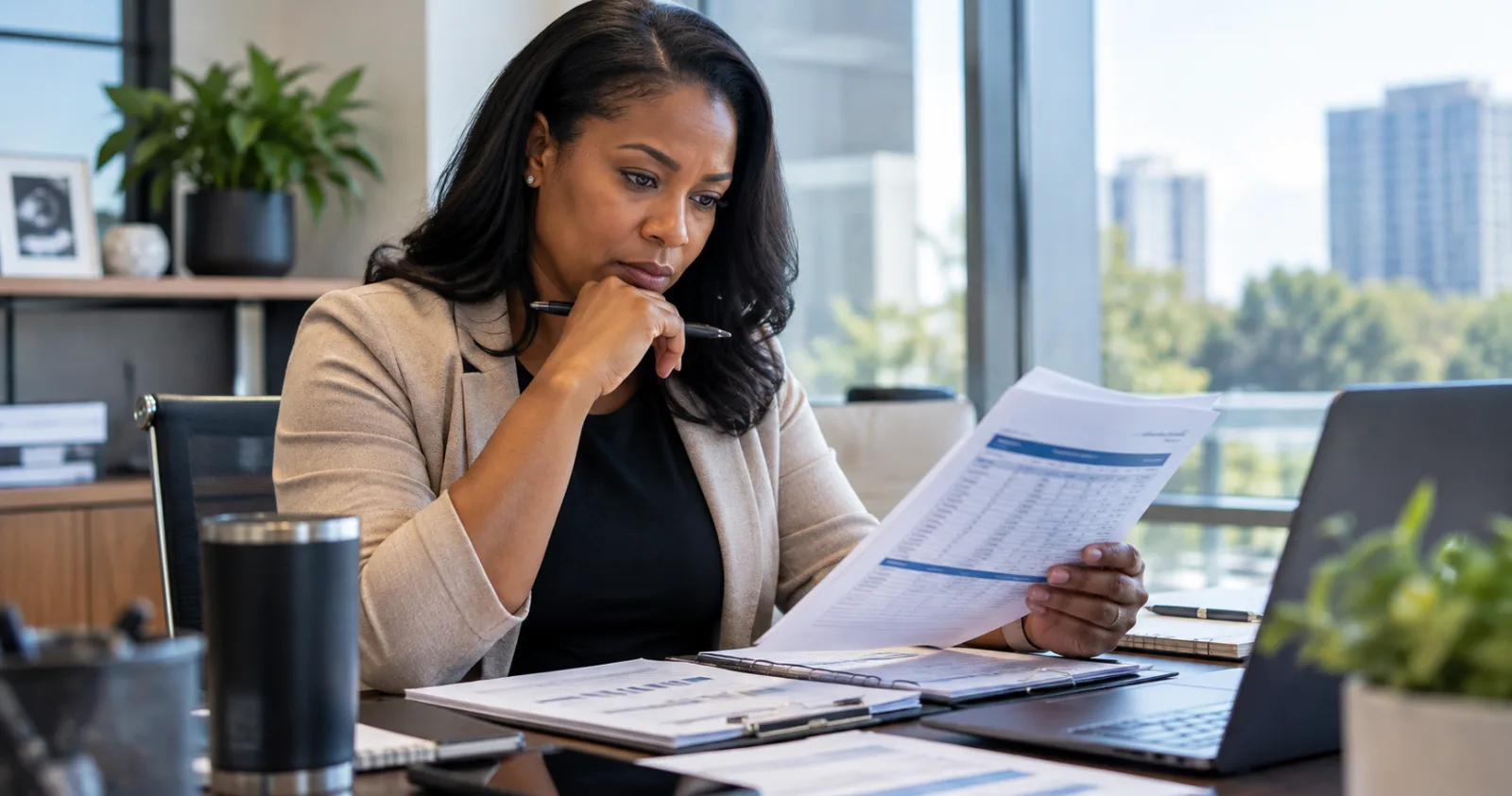 Facilities director reviewing an inspection report at her desk