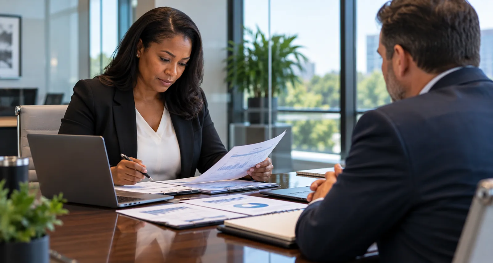 Two business professionals reviewing reports and contract documents at a conference table