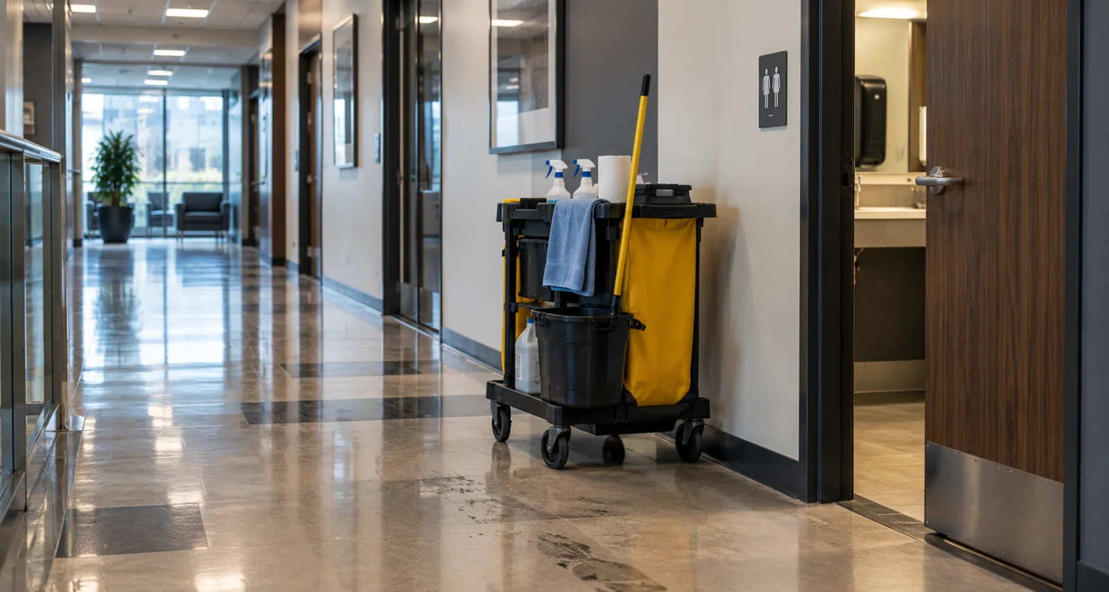 Unattended cleaning cart left in an office building hallway with a wet, streaked floor