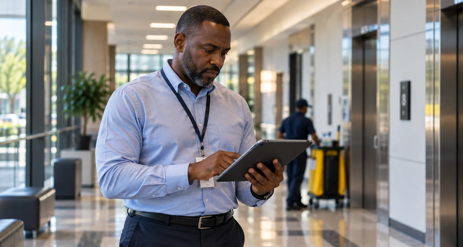 Facility manager reviewing a report on a tablet in an office building lobby