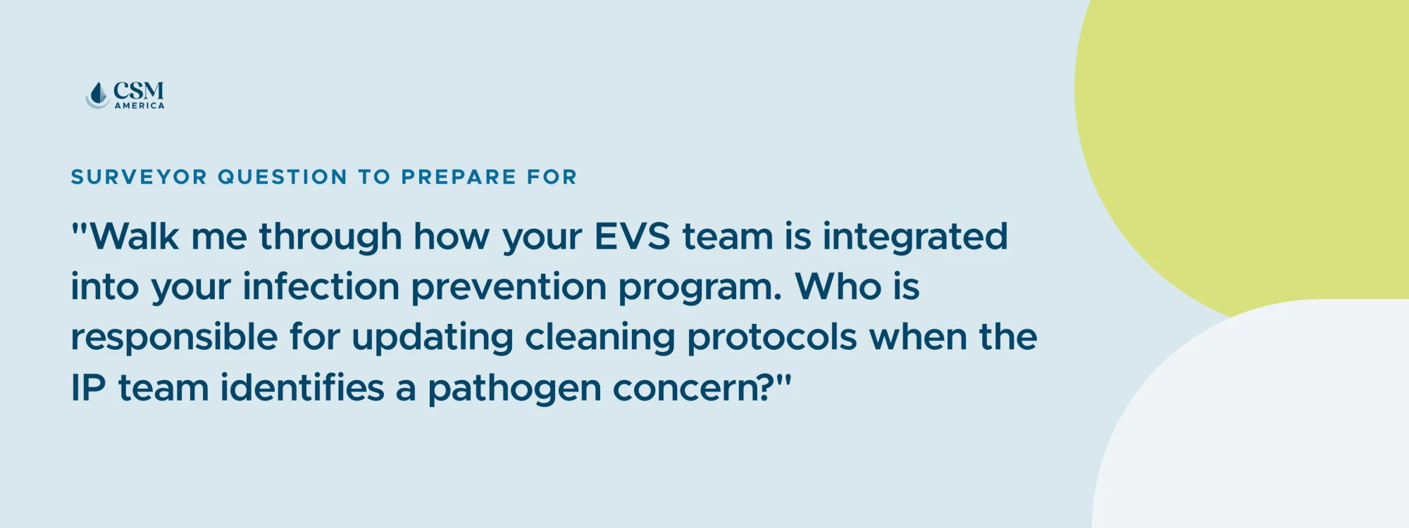 Surveyor question to prepare for: Walk me through how your EVS team is integrated into your infection prevention program. Who is responsible for updating cleaning protocols when the IP team identifies a pathogen concern?