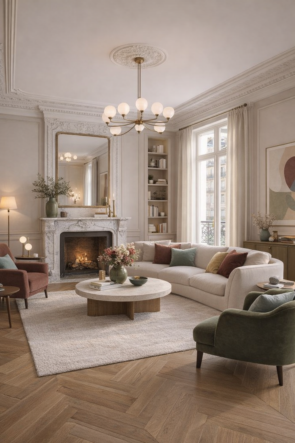 Rénovation d’un salon haussmannien à Paris par architecte d’intérieur, palette 2026 mocha, bordeaux et olive, ambiance lumineuse haut de gamme.