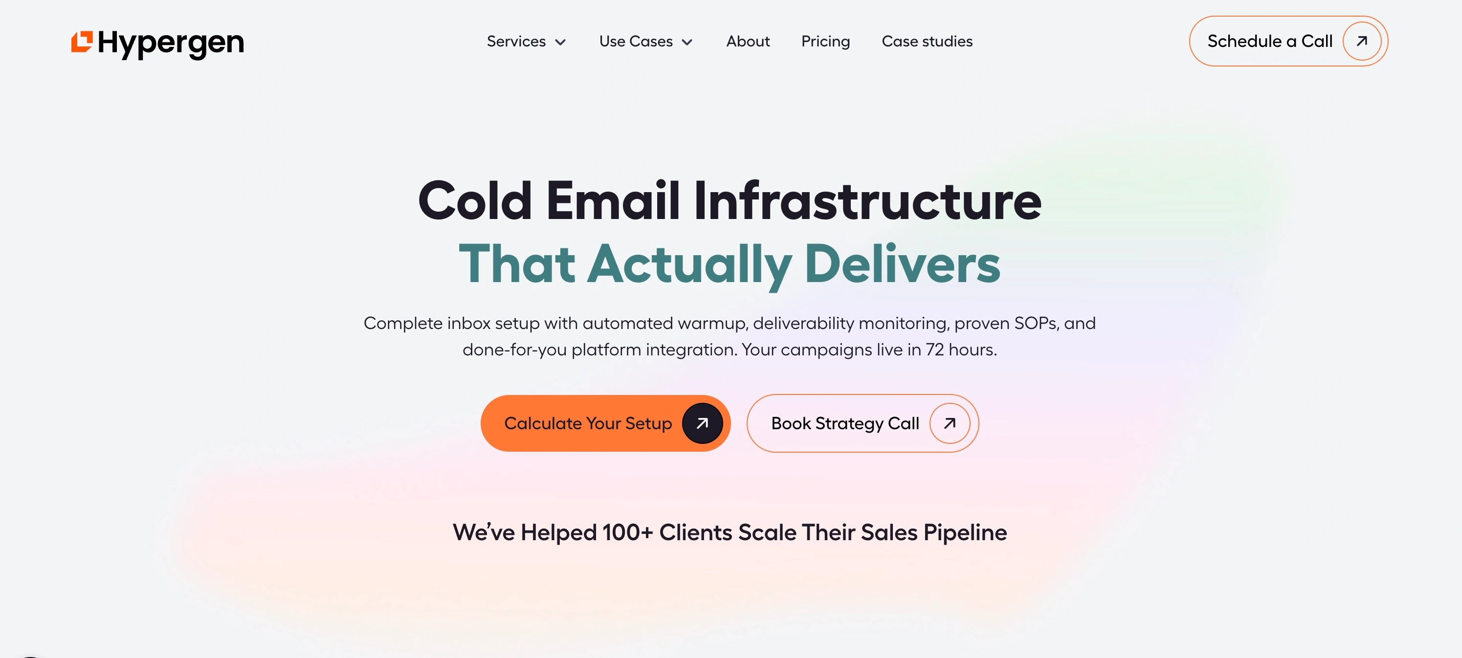 Screenshot of the Hypergen homepage, promoting a "Cold Email Infrastructure That Actually Delivers" service with automated warm-up and proven SOPs