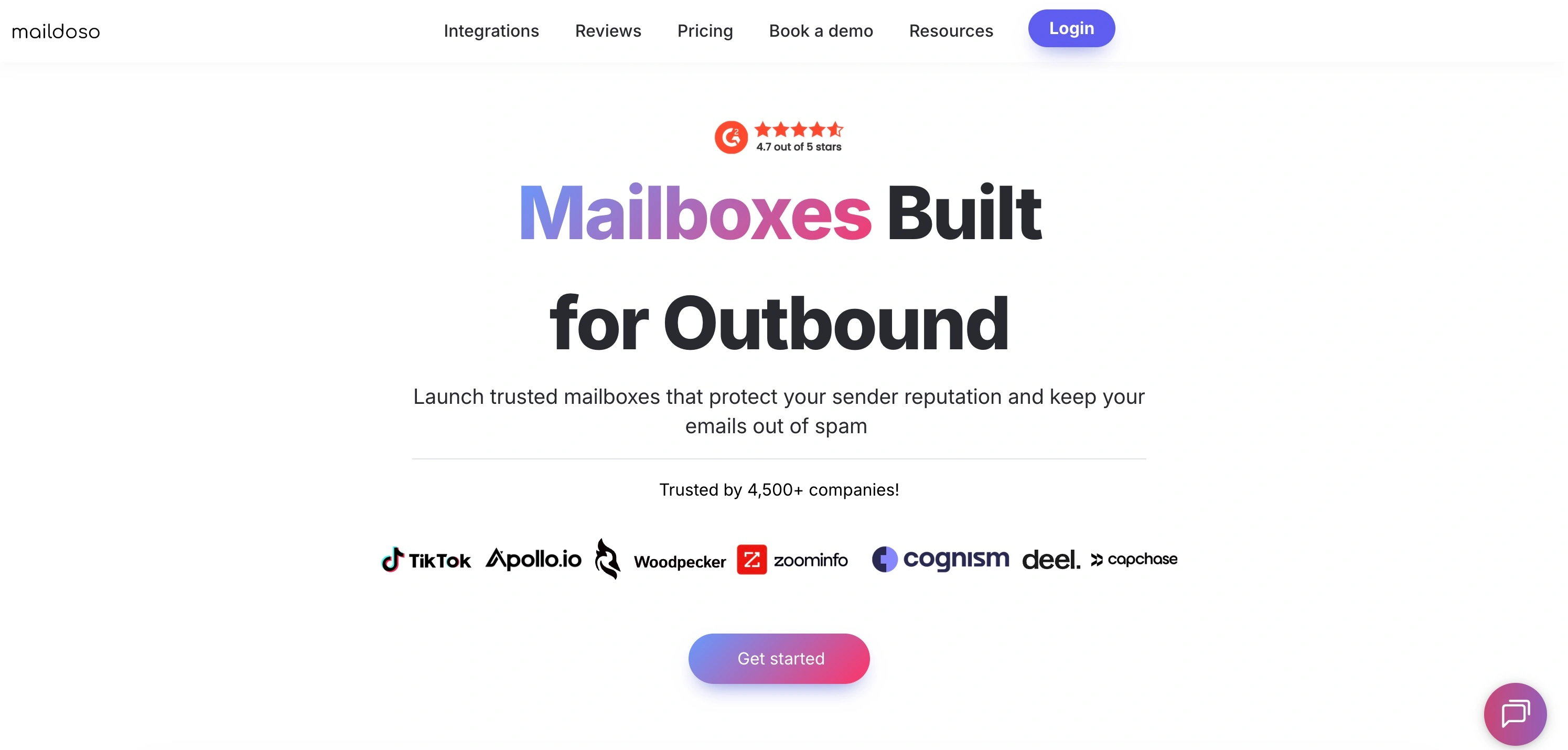 Screenshot of the Maildoso homepage, promoting "Mailboxes Built for Outbound"