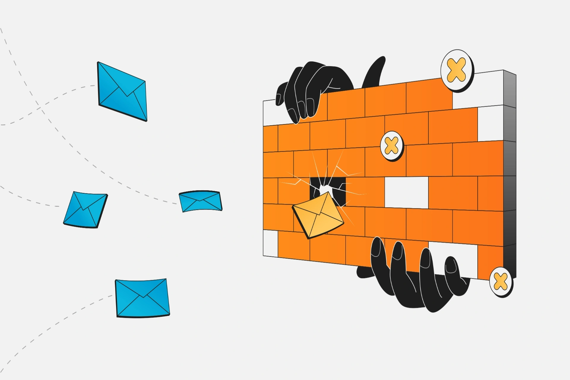 Illustration of emails being blocked by a firewall or brick wall, symbolizing an email blacklist or delivery failure