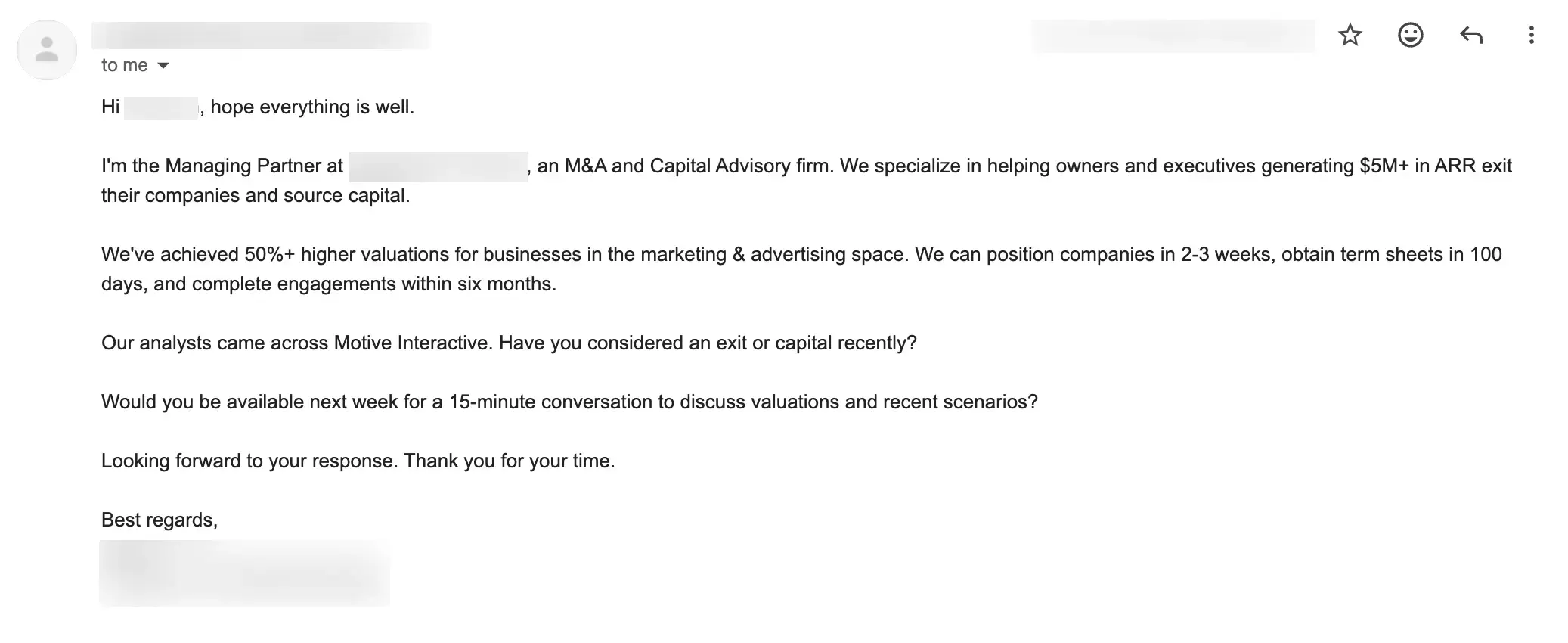 Cold email from an M&A firm targeting companies with $5M+ in ARR for exits or capital