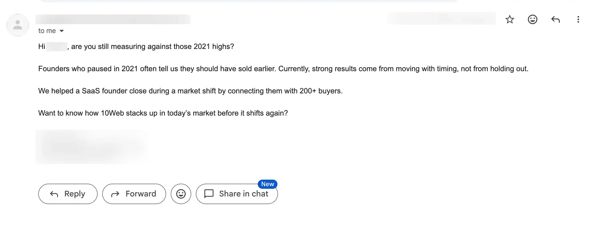 Screenshot of an M&A advisory cold email using market timing and buyer access as a hook for a SaaS founder