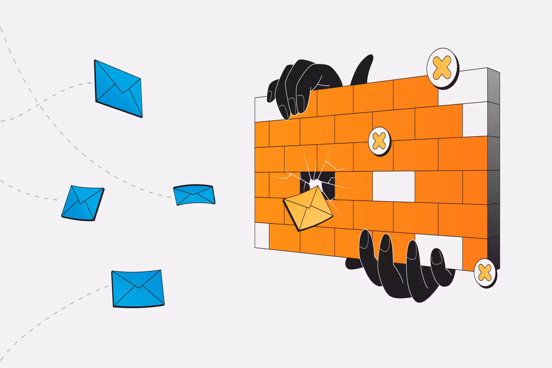 Illustration of emails being blocked by a firewall or brick wall, symbolizing an email blacklist or delivery failure