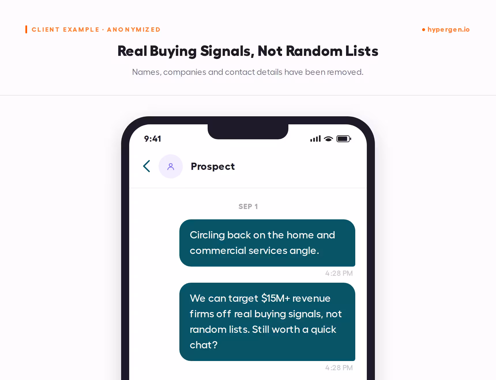A cropped phone-screenshot mockup of an anonymized message offering access to companies matched on real buying signals rather than a generic contact list.