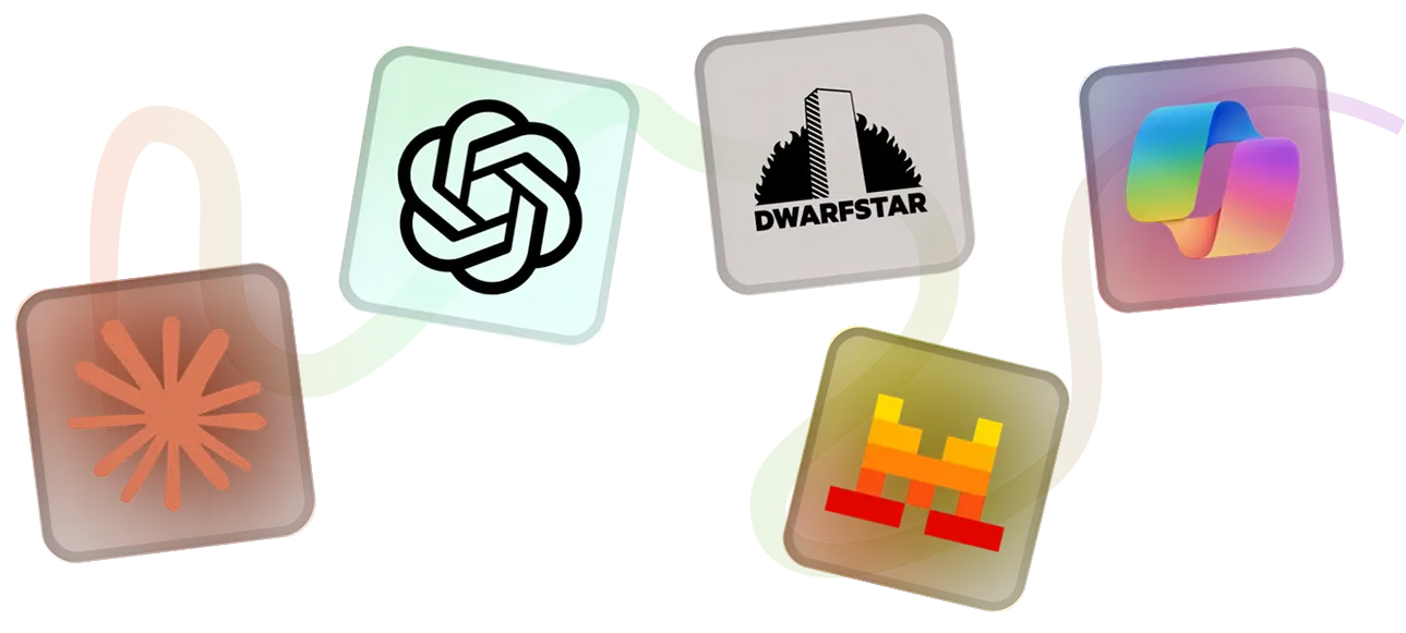 Three overlapping cards with illustrations and text: a person resting head on a desk with 'How humans interact with machines', a hand holding a key above another hand with 'Start using Gen. AI in my company', and a target with three arrows with 'Learn Qt and Cpp', all labeled 'HUMAIN'.