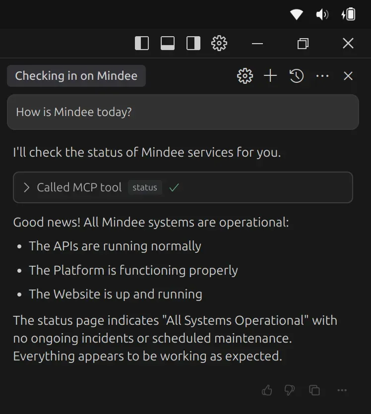 Screenshot of Claude using the Model Context Protocol (MCP) to check Mindee's system status, confirming APIs, platform, and website are all operational