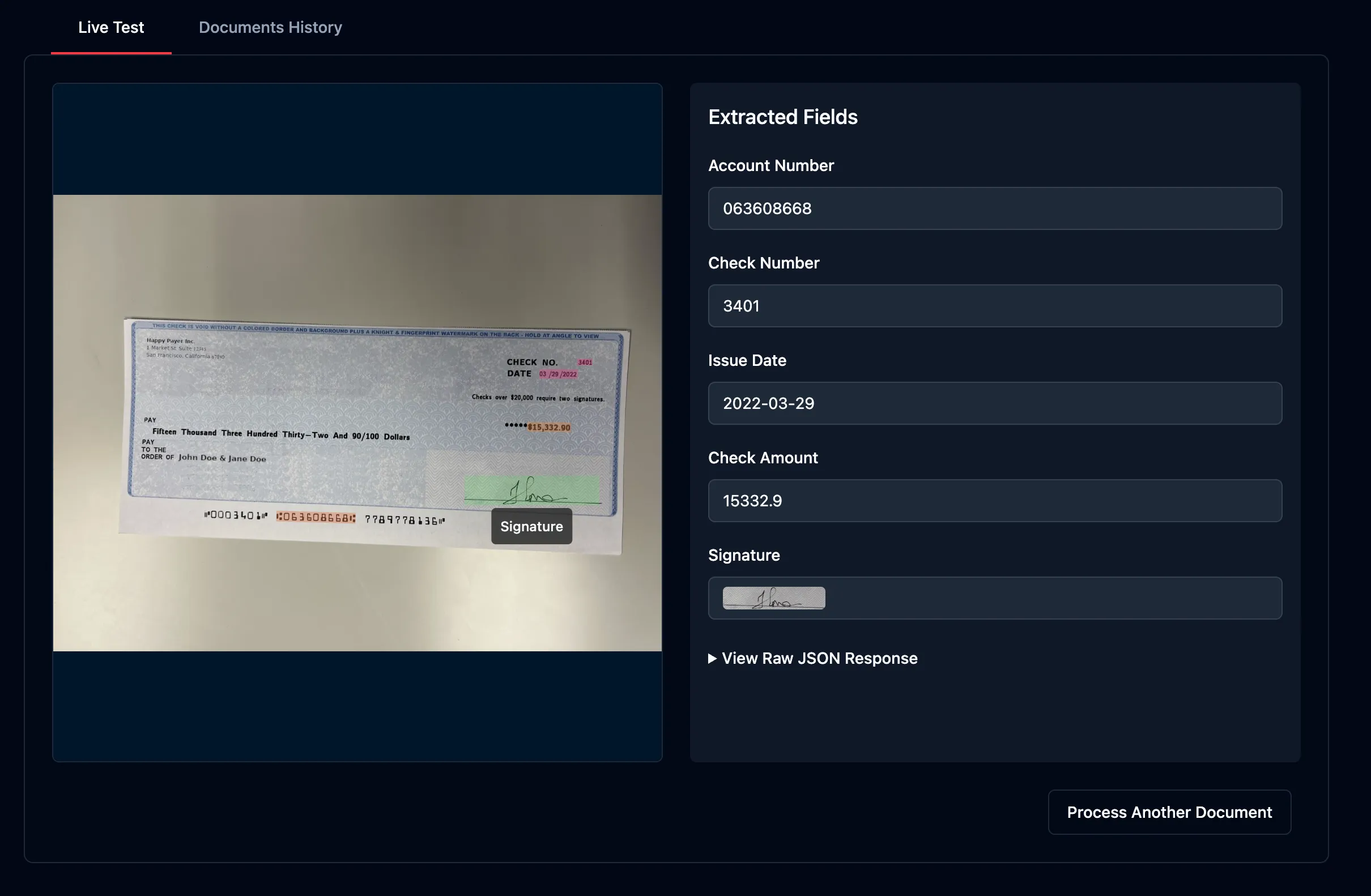 A screenshot of Mindee's platform with the field signature as object detection on a check
