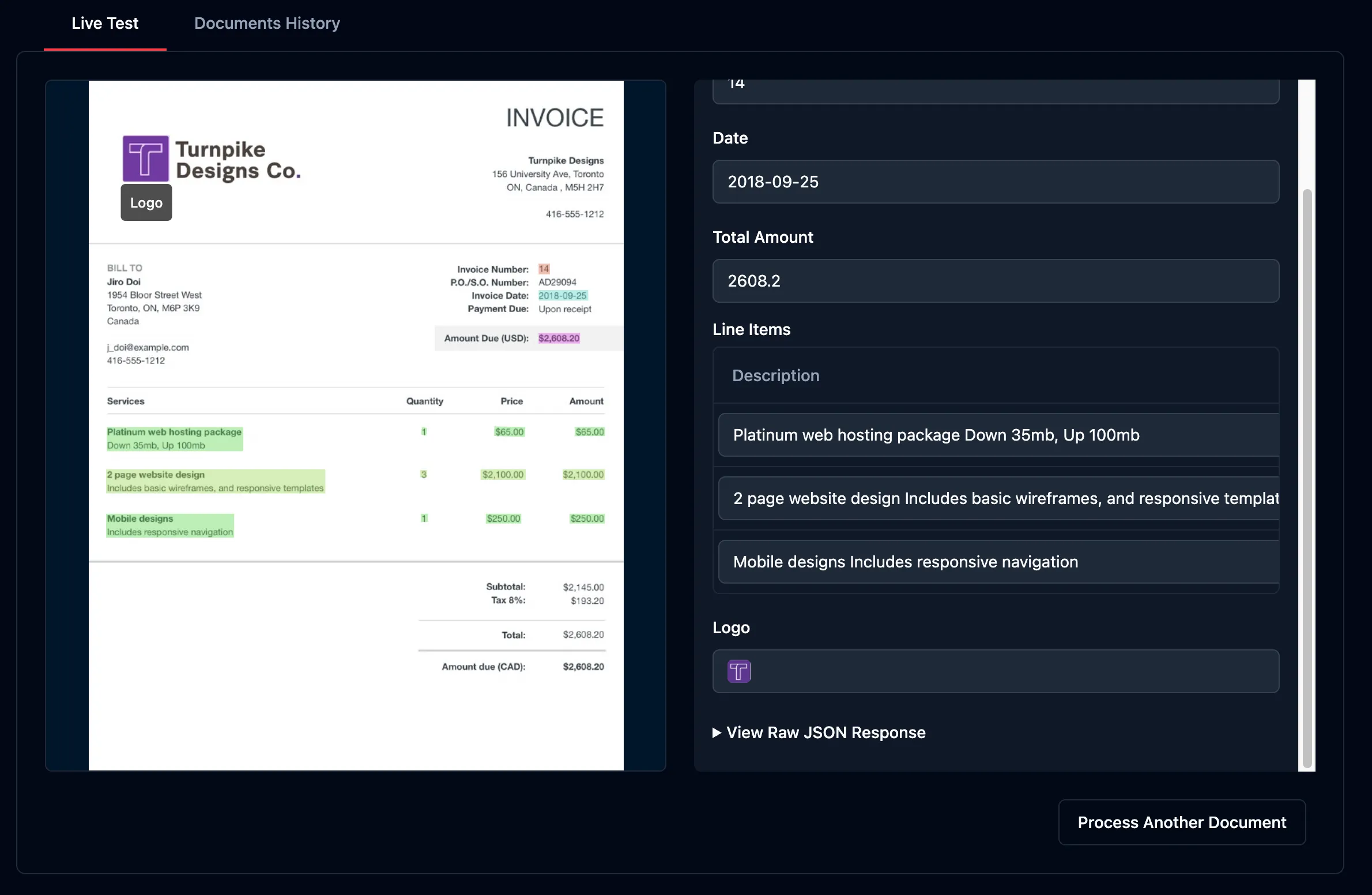 A screenshot of Mindee's platform with the logo as object detection on an invoice