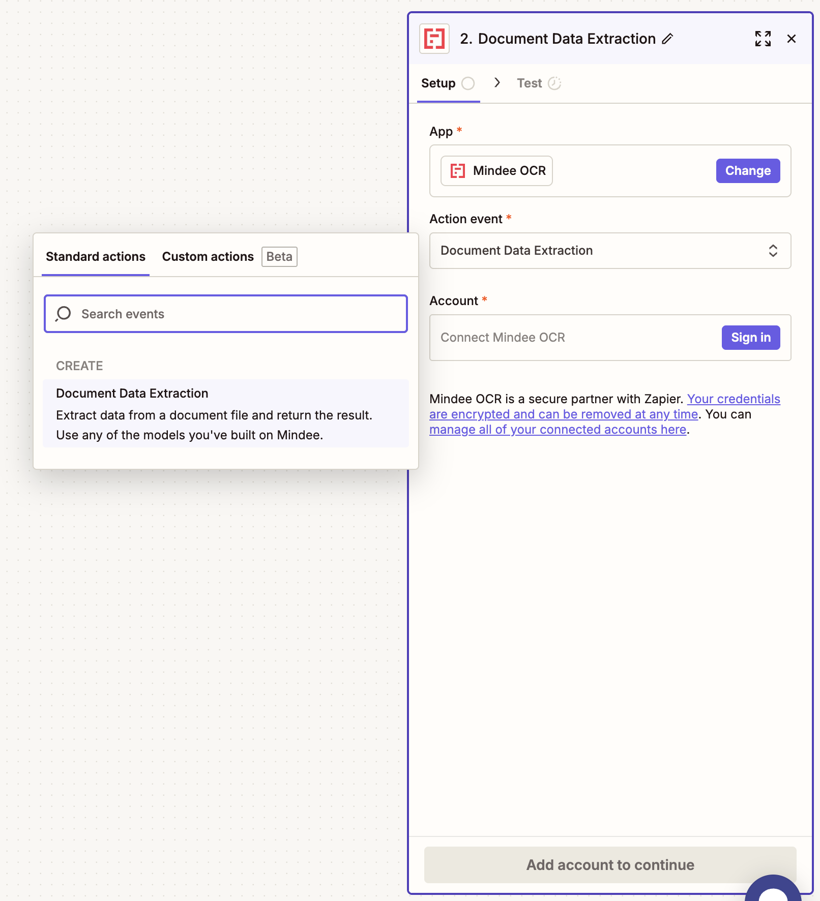 a screeshot of Mindee OCR's action panel on Zapier
