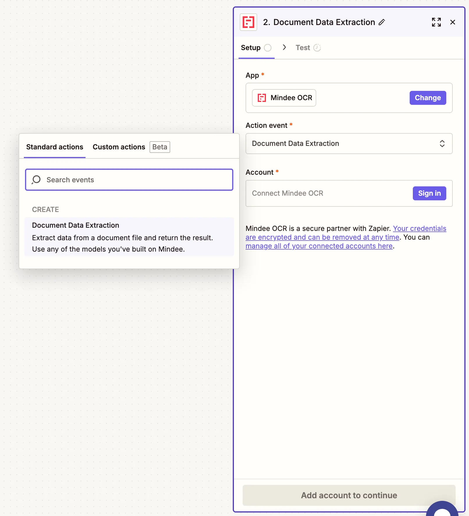 a screeshot of Mindee OCR's action panel on Zapier